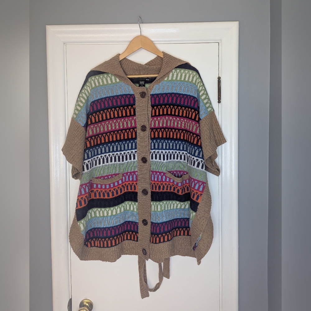 Stylish Multicolour Knit Wool-Blend Ellison Belted Poncho - Oversized Small